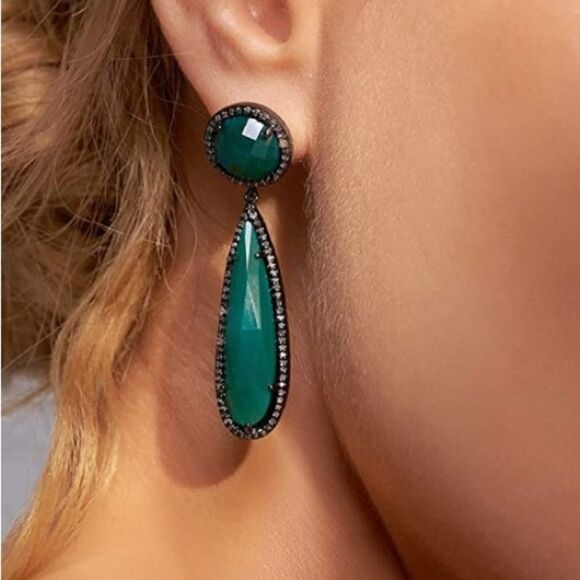 NEW Natural Green Onyx Teardrop Earrings - Picture 2 of 8